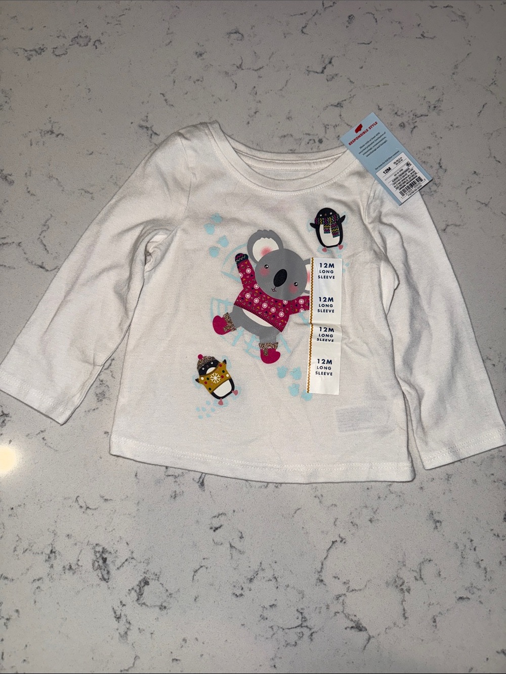 Cat & Jack White Long-Sleeve Koala & Penguin Graphic Top